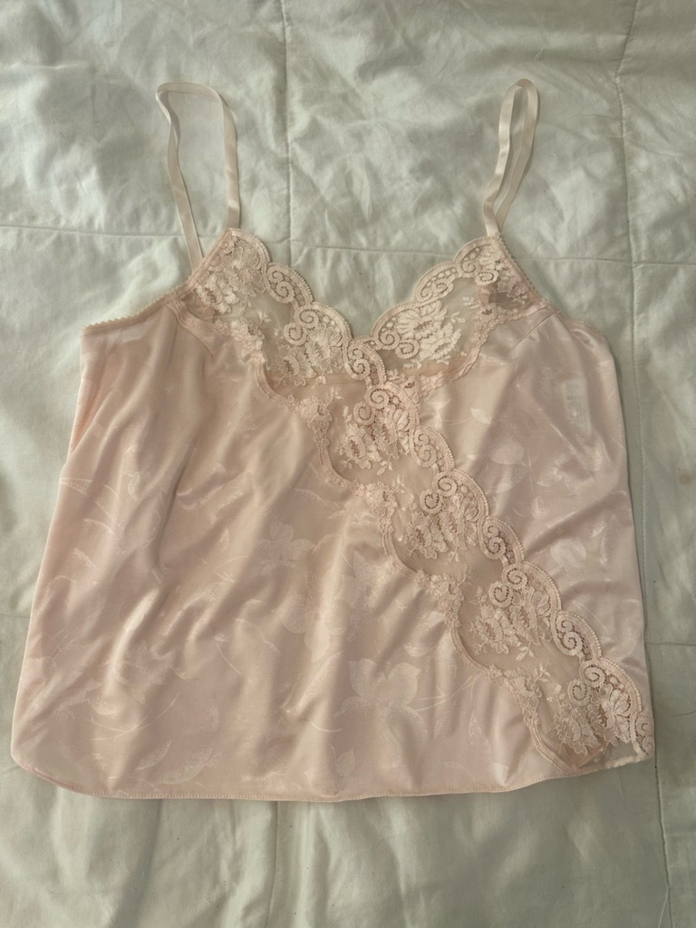Vintage 80s/90s Made In USA Floral Silky Satin Petal Pink Lace Camisole Top Sz M
